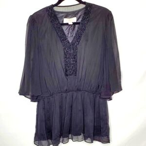 Badgley Mischka Beaded Sheer Top Size L American Glamour Flowy Tunic Dark Fairy